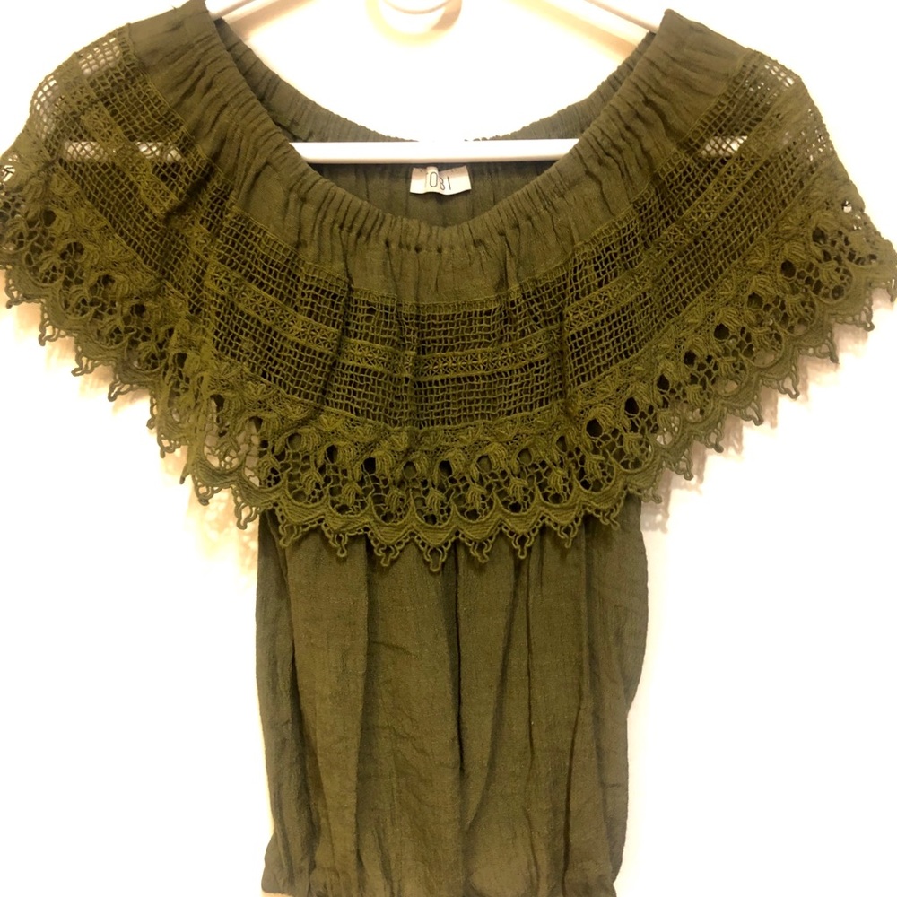 TOBI Green Off the Shoulder Crochet Lace Top XS
